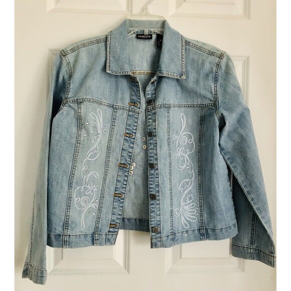 Chico's Denim Button Up Jacket Size 1 (Medium) Blue Embroidered Rhinestones - Picture 1 of 8